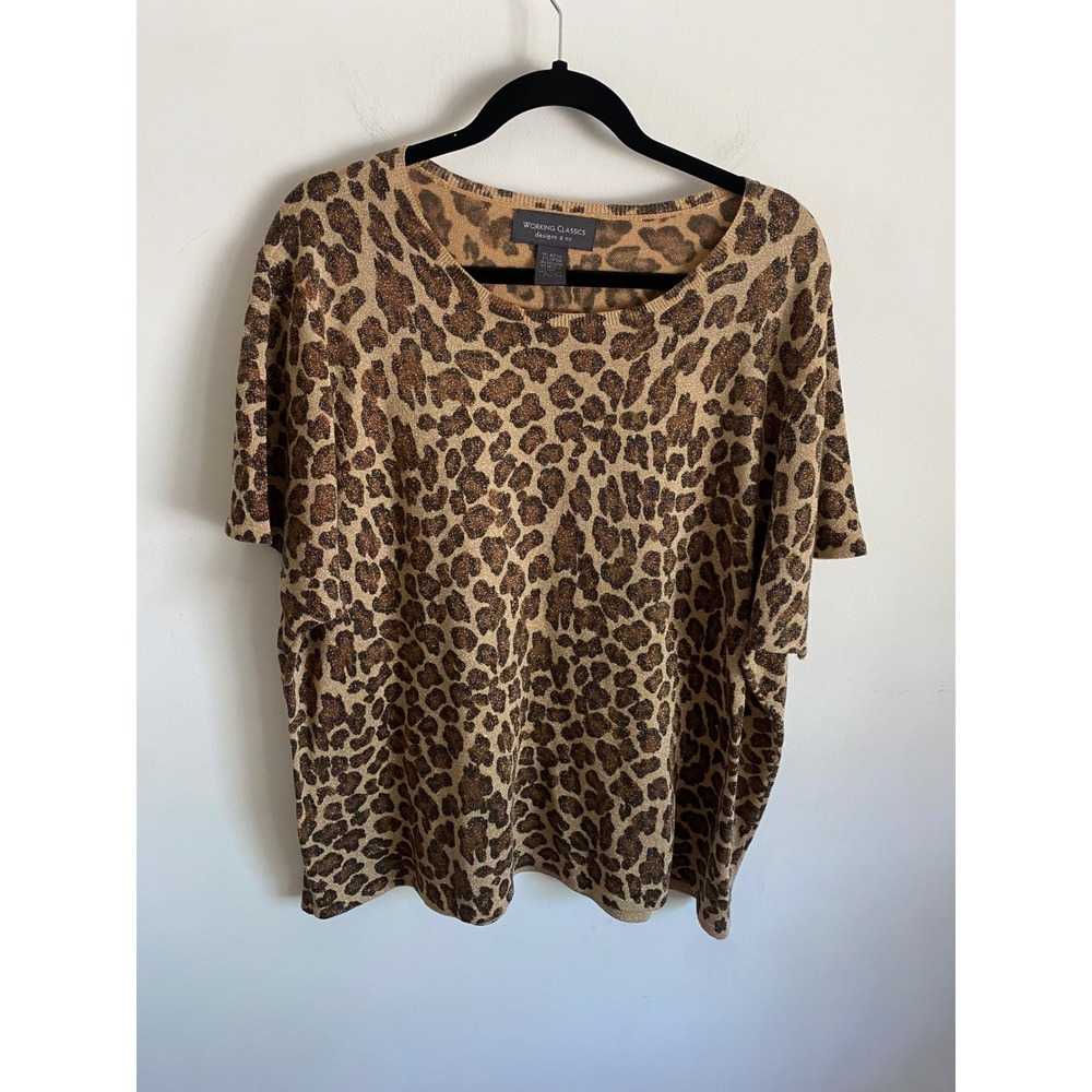 Working Classics Leopard Metallic Knit Top Womens 26/28 Short Sleeve Brown Gold